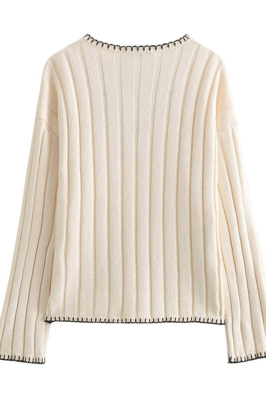 CWOSWL6223_KNITTED V-NECK LONG-SLEEVED POCKET SWEATER