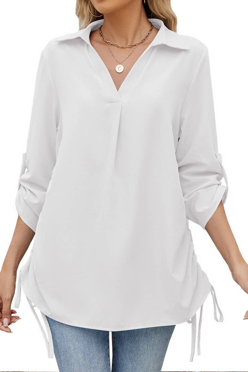 CWTBLL4020_SOLID COLLARED RUCHED 3/4 SLEEVE SHIRT DRESS TOP