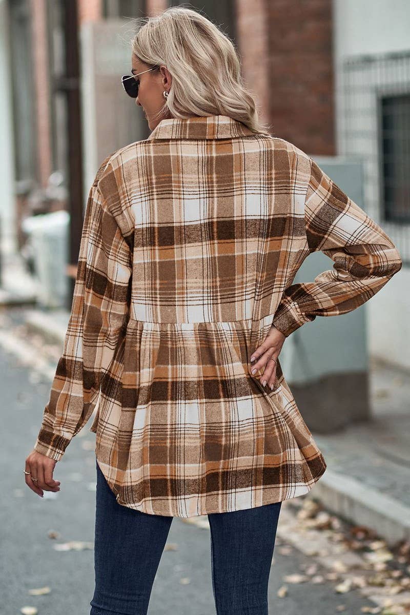 CWTSTL2484_LAPEL LONG SLEEVE POCKET CASUAL PLAID SHIRT