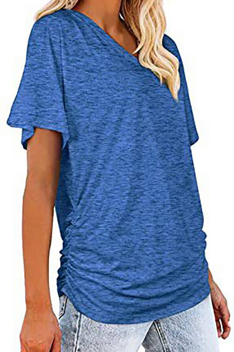 CWTTS1178_V-NECK SOLID COLOR CASUAL LOOSE TOP