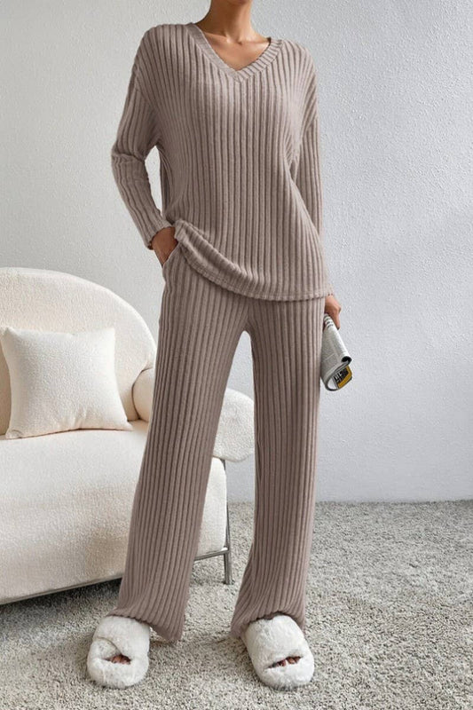 CWSTB00462_RIBBED KNIT V NECK TOP AND STRAIGHT PANTS SET