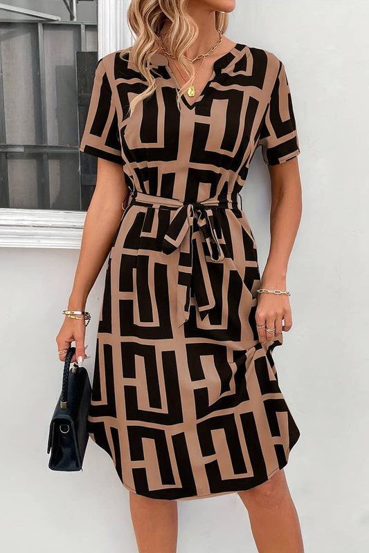 CWDSD7862_V-NECK TIE WAIST SHORT SLEEVE PLAID DRESS