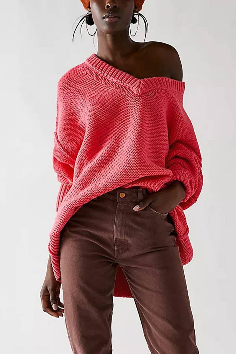 CWOSWL6848_WINTER V-NECK LOOSE FASHION PULLOVER SWEATER