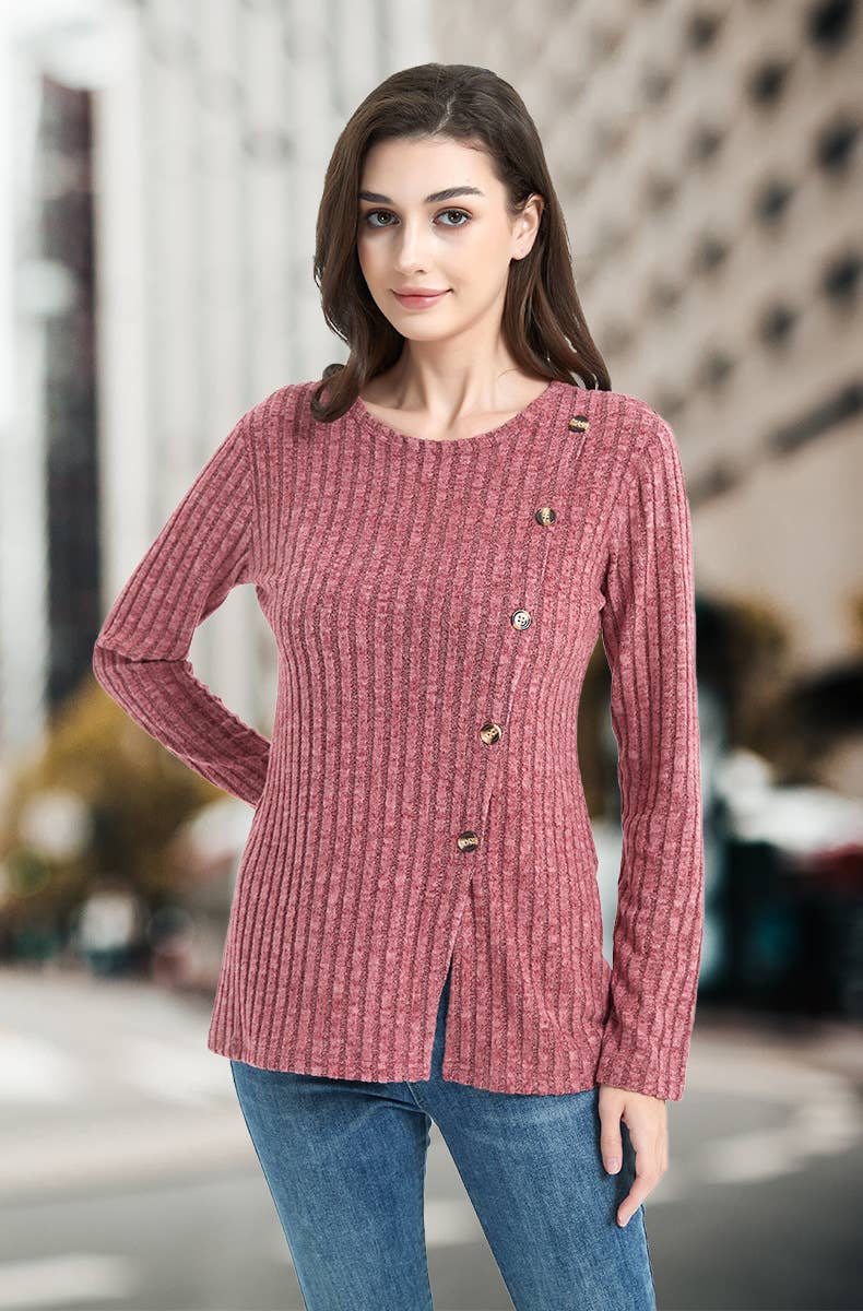 CREW-NECK SOLID COLOR PIT STRIPE BUTTON KNIT