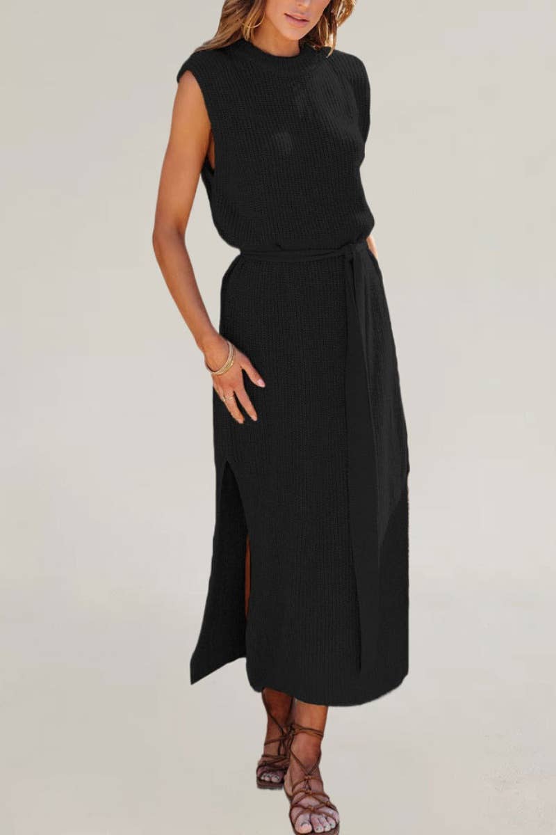 CWDMD2089_CREW NECK SLEEVELESS LACE-UP DRESS WITH SLIT