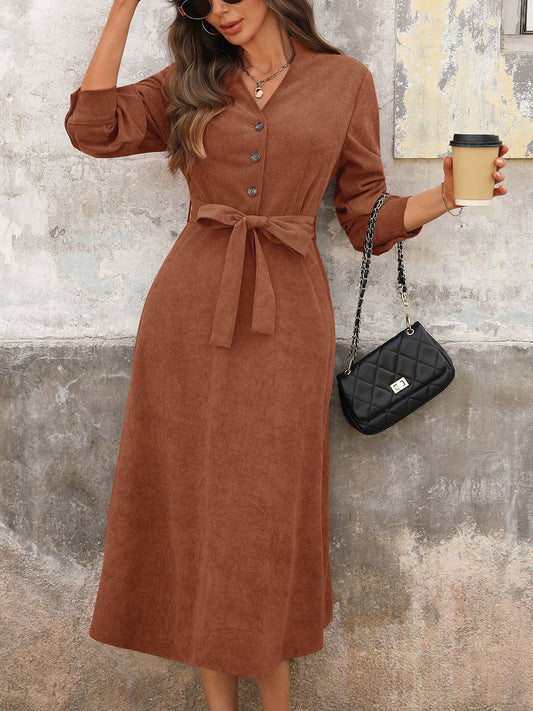 Classic brown corduroy V-neck dress