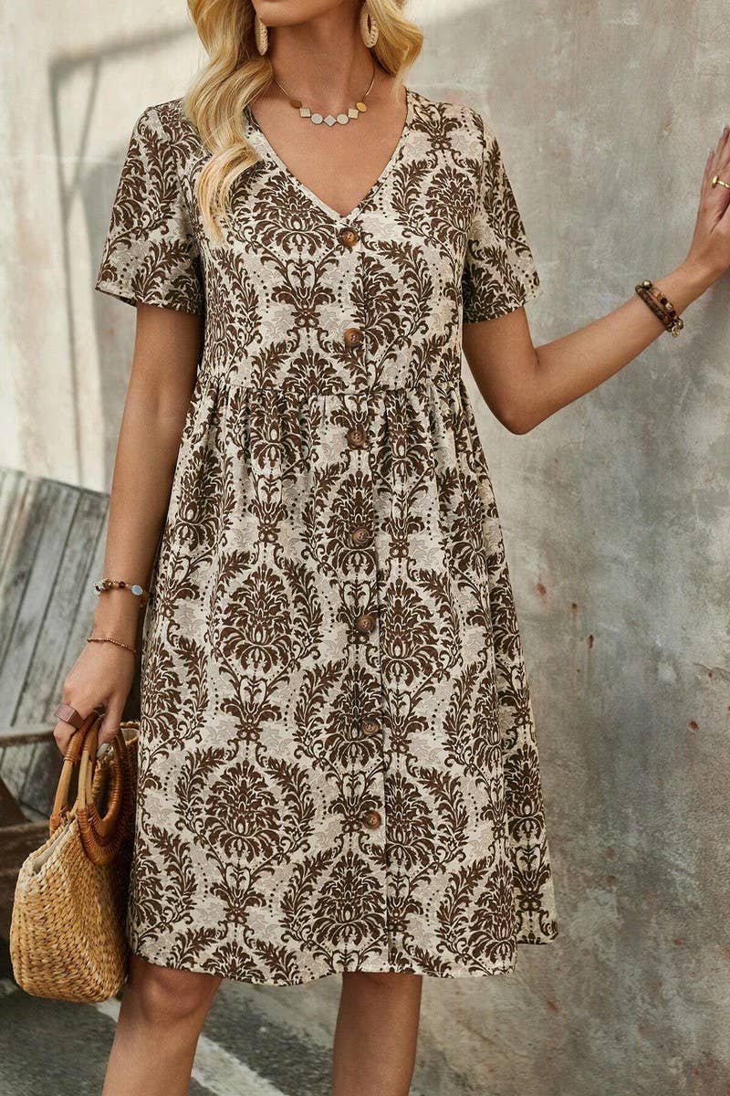 CWDSD7522_SUMMER FASHION PRINTED V-NECK LOOSE DRESS