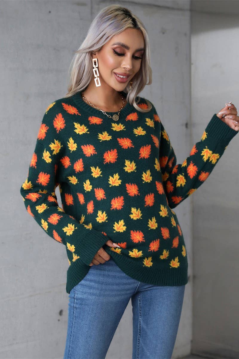 CWOSWL5757_MAPLE LEAF CHRISTMAS CREW NECK SWEATER
