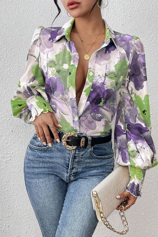 CWTSTL2885_PRINTED COLLARED PUFF SLEEVE LOOSE FIT SHIRT