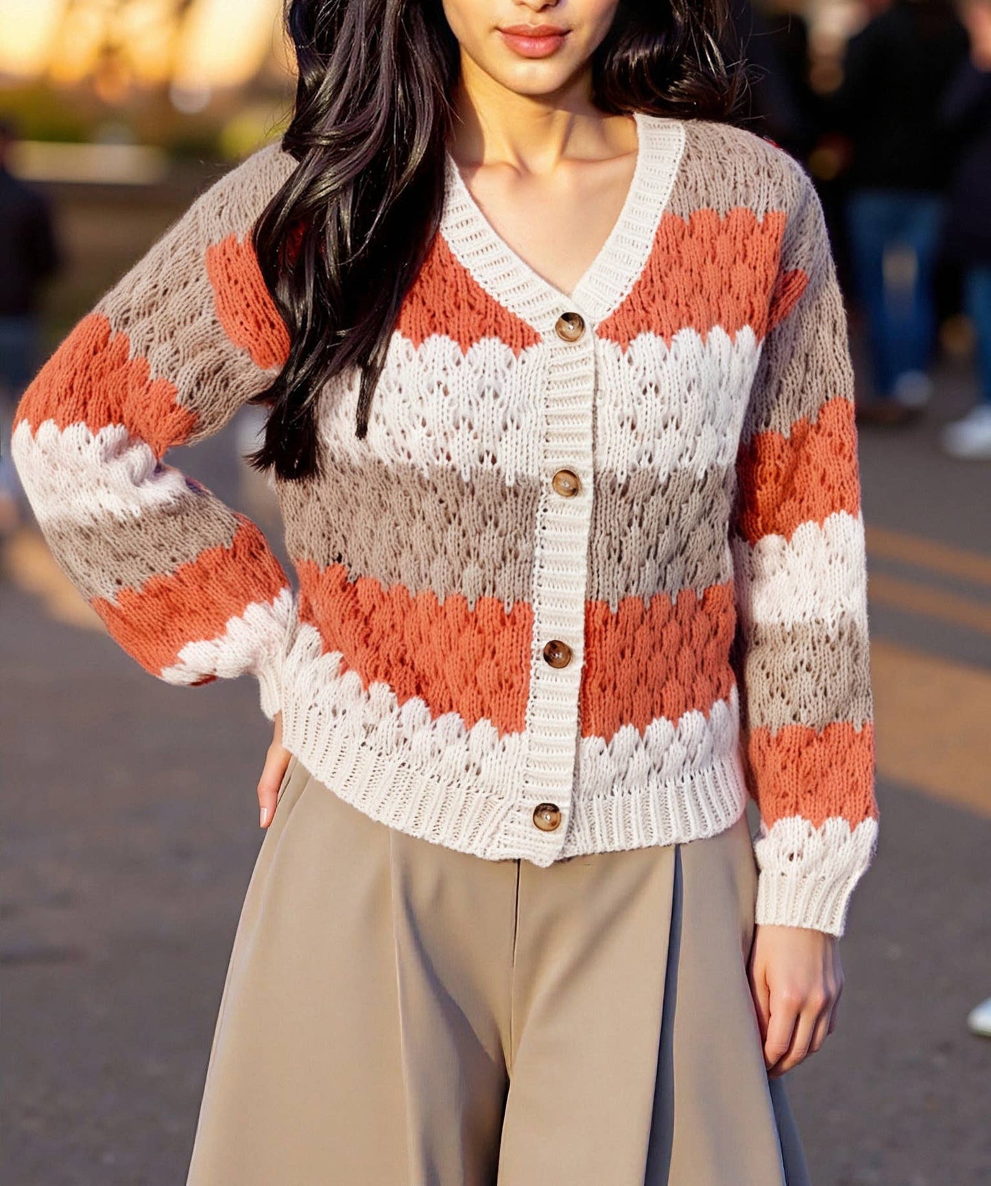 Color-blocking long-sleeved knitted cardigan