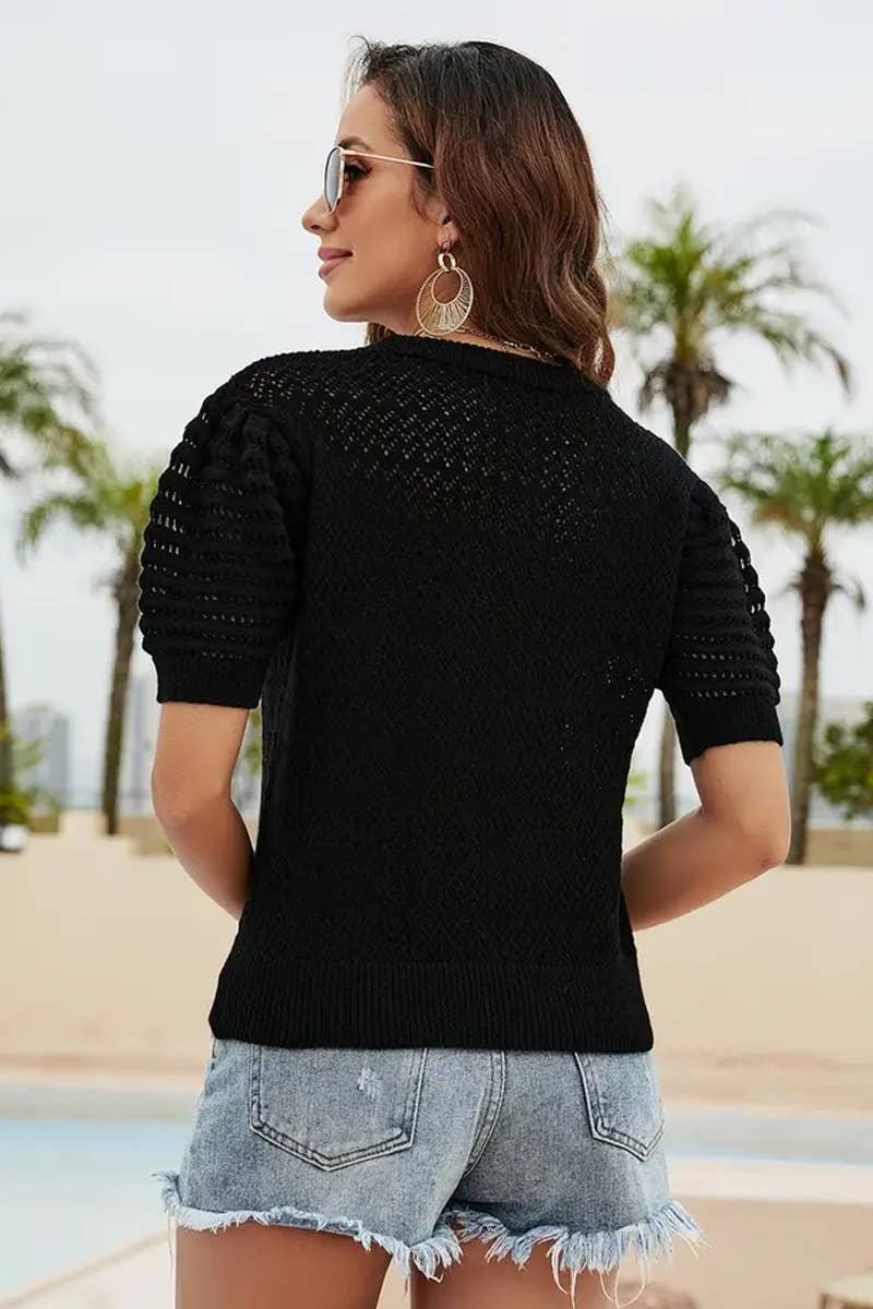 CWTBLS1766_SPRING AND SUMMER HOLLOW SOLID COLOR PULLOVER TOP