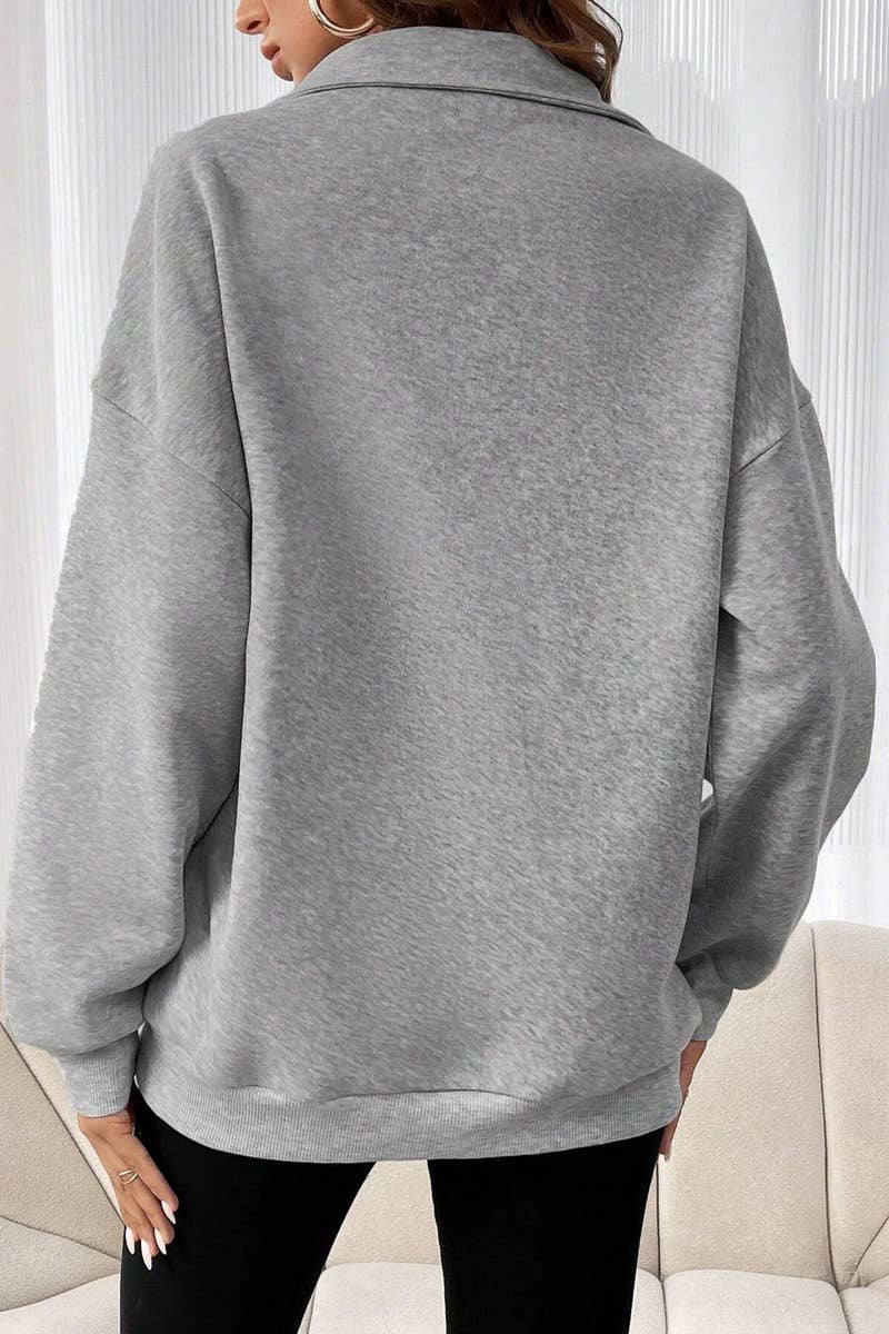 CWTBLL3941_ZIPPER POLO COLLAR SOLID LOOSE CASUAL SWEATSHIRT