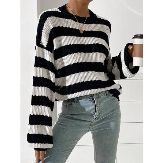 COLOR CONTRAST STRIPED CREW NECK LOOSE KNIT TOP