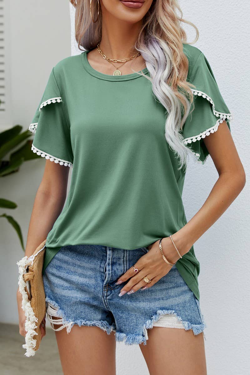 CWTBLS0351_Round neck Lace Trim Detailed Short Sleeve Blouse
