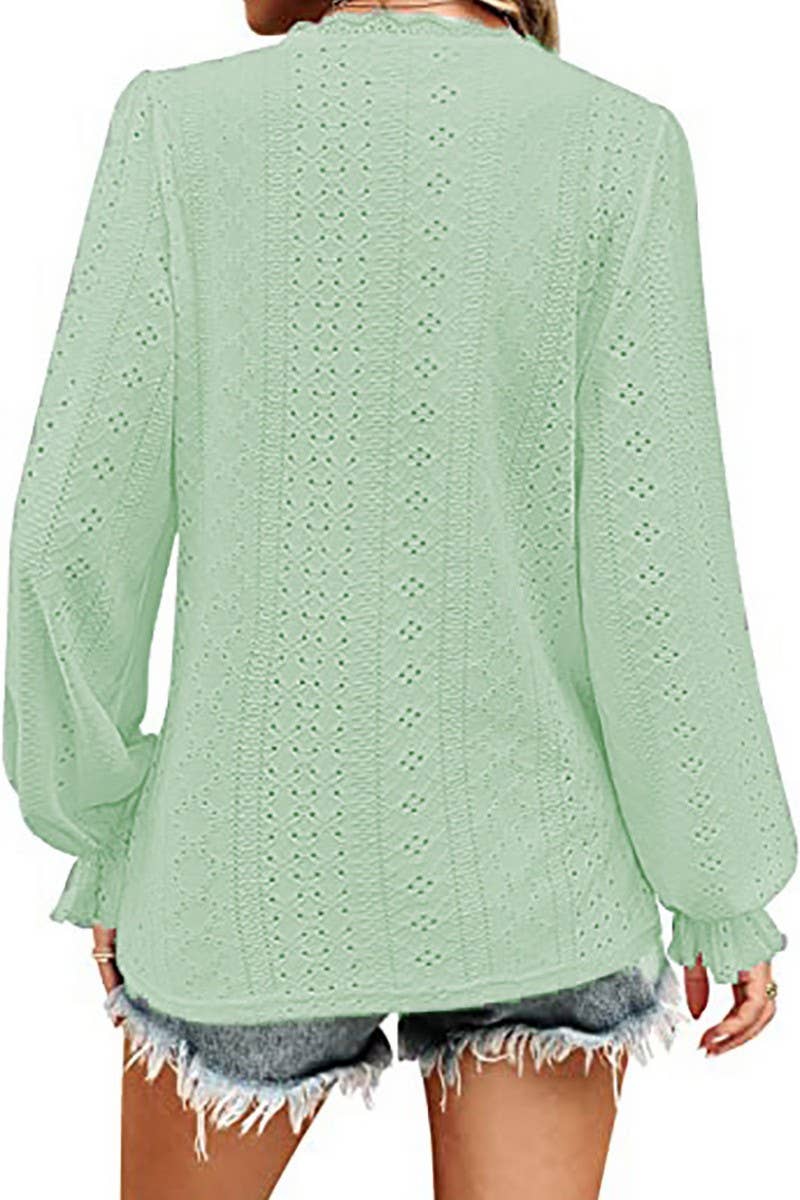 CWTBLL1046_V-NECK SOLID COLOR HOLLOW CASUAL LONG-SLEEVED TOP
