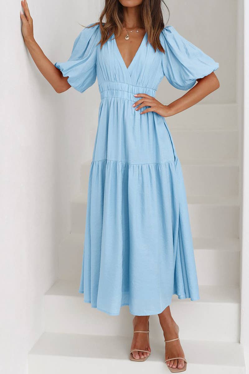 CWDMD6143_SUMMER HIGH-END DEEP V PUFF SLEEVE HOLIDAY DRESS