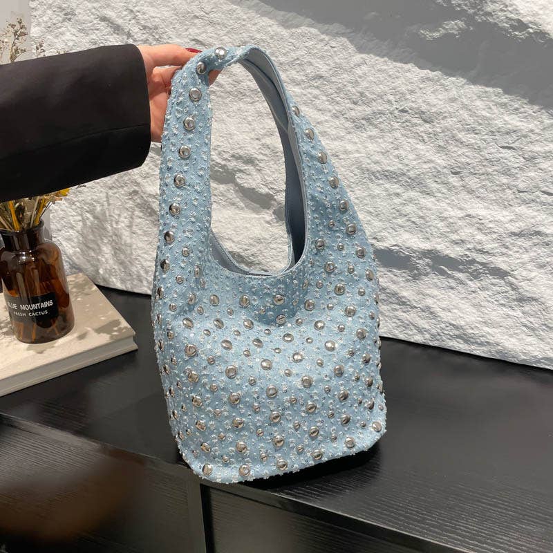 Fashionable riveted denim single-shoulder bag