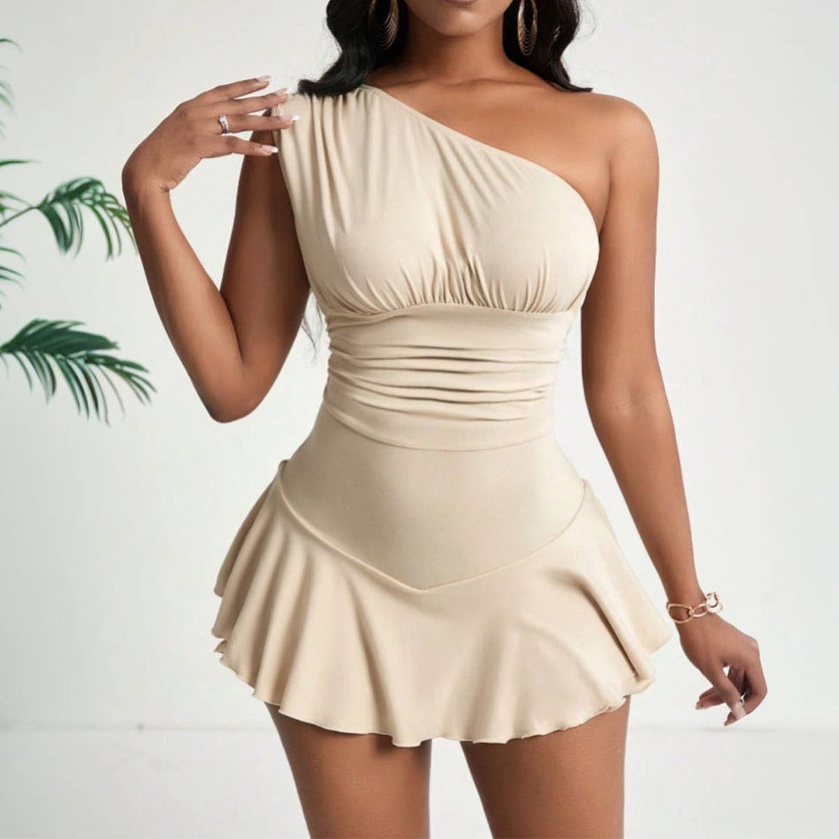 Elegant intellectual sloping neck dress