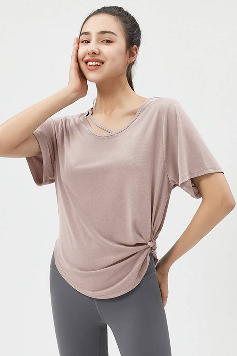 CWTBLS1469_LOOSE SHORT-SLEEVED SOLID COLOR SPORTS TOP