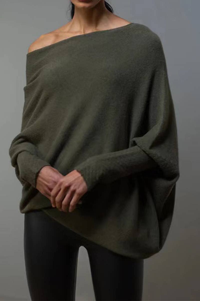 CWTDSL0122_ONE-SHOULDER VERSATILE BAT SLEEVE KNITTED TOP