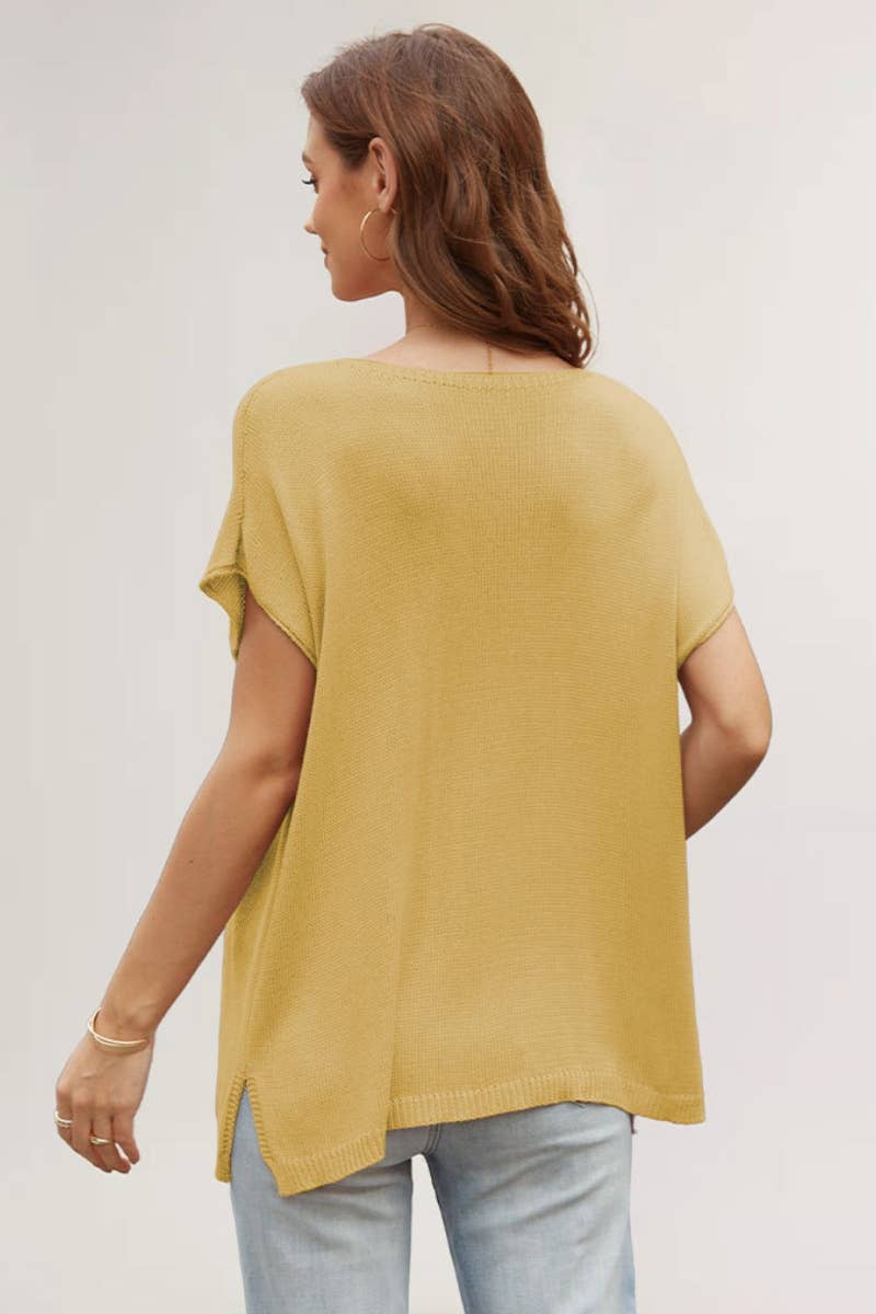 CWTBLS0744_KNIT V-NECK SOLID COLOR SPLIT SHORT-SLEEVED TOP