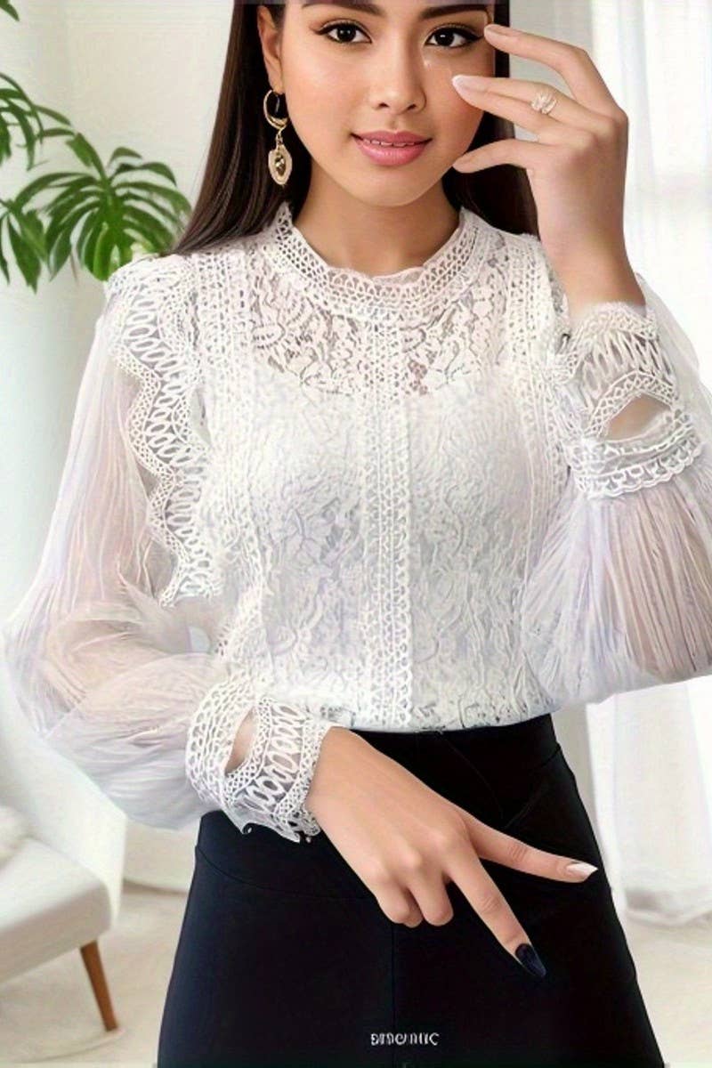 CWTBLL3857_SHEER MESH PUFF SLEEVE LACE BLOUSE