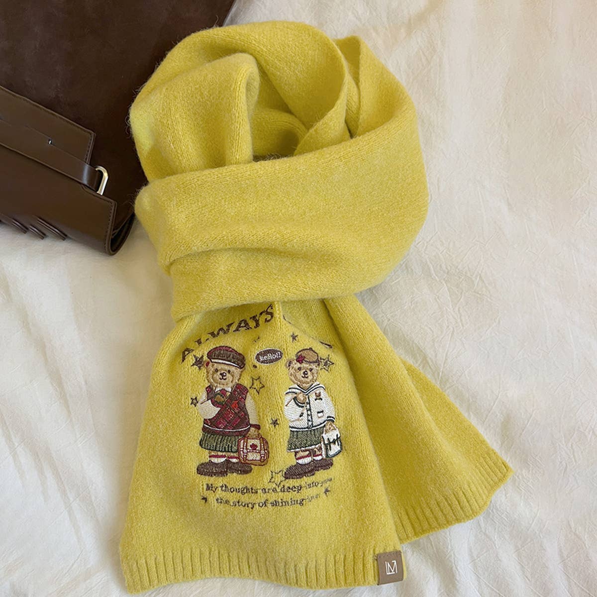 Bear embroidered knitted scarf for warmth and cozy_CWASC1497
