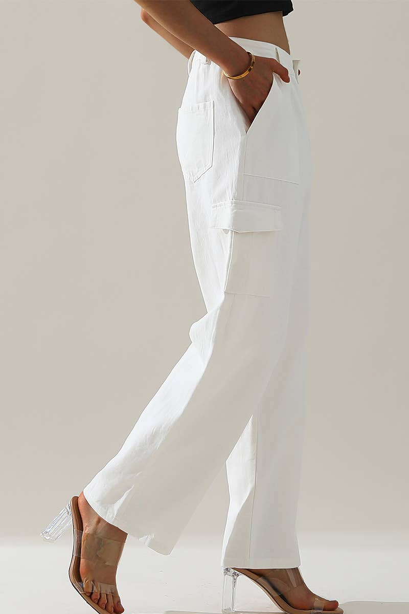 CWBLP421_Cargo Cotton Pants Wide Leg Casual Pants 4 Pockets