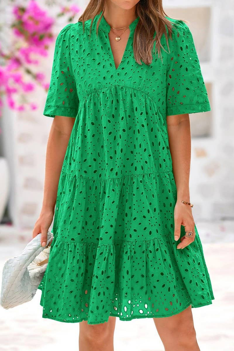 CWDSD8527_V-NECK HOLLOW LACE ELEGANT A-LINE DRESS