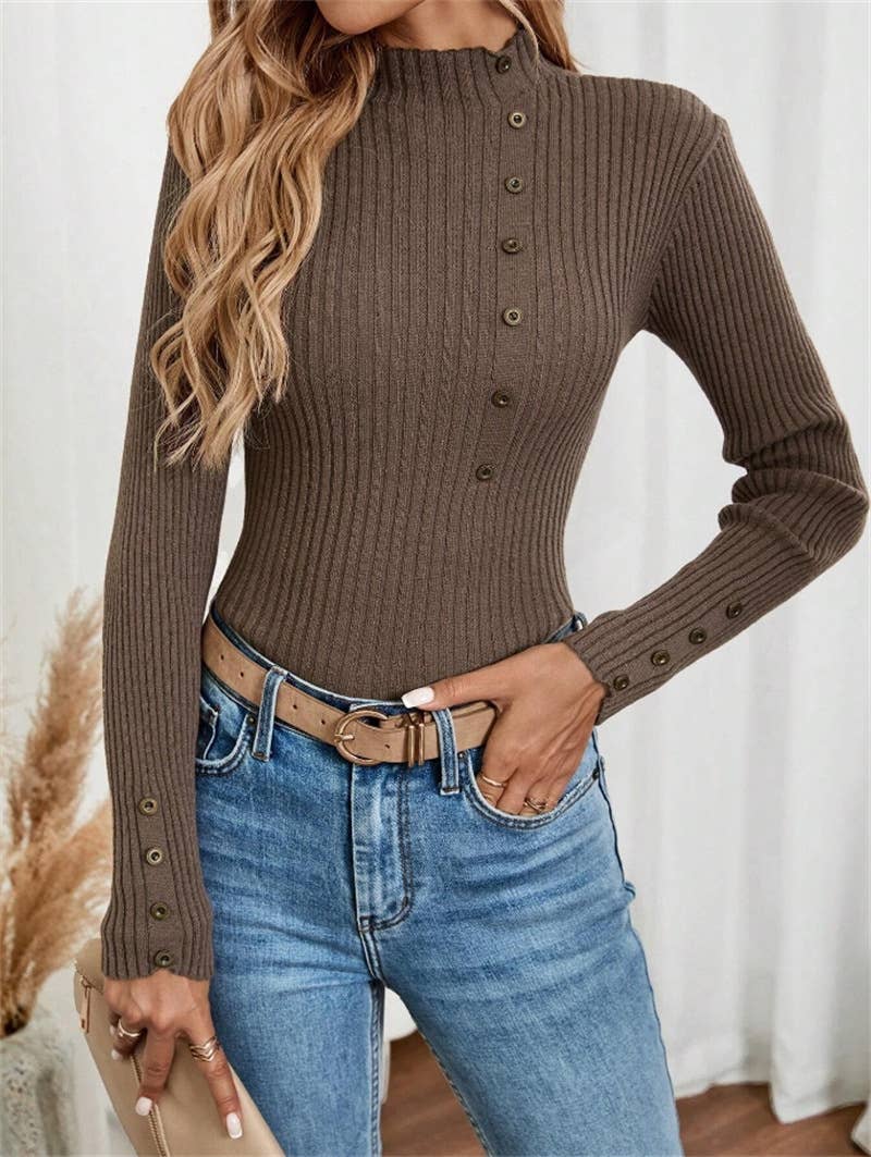 Button long-sleeved knitted base layer top