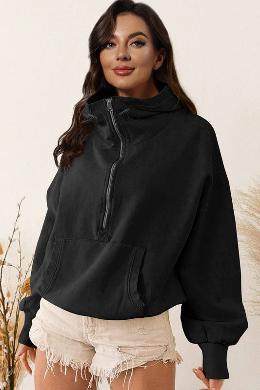 CWTBLL3988_CASUAL ZIPPER DRAWSTRING LONG SLEEVE TOP