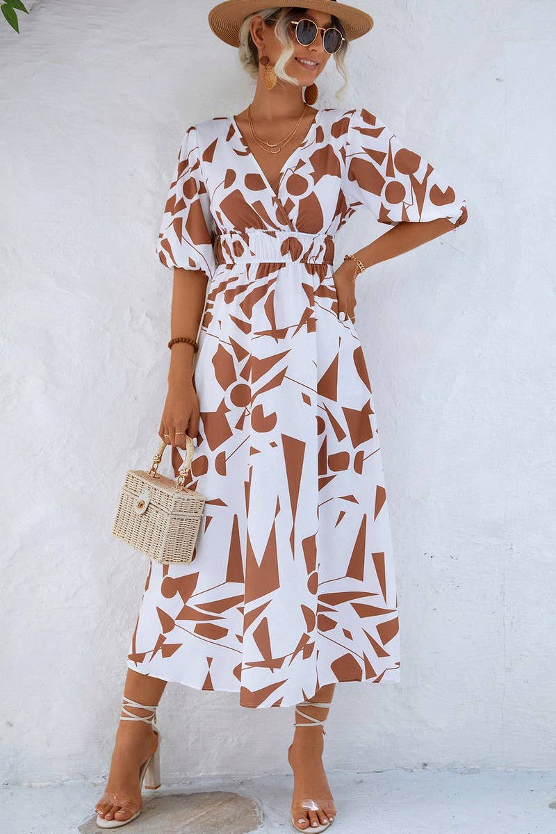 CWDMD2751_V NECK GEOMETRIC PRINT DRESS