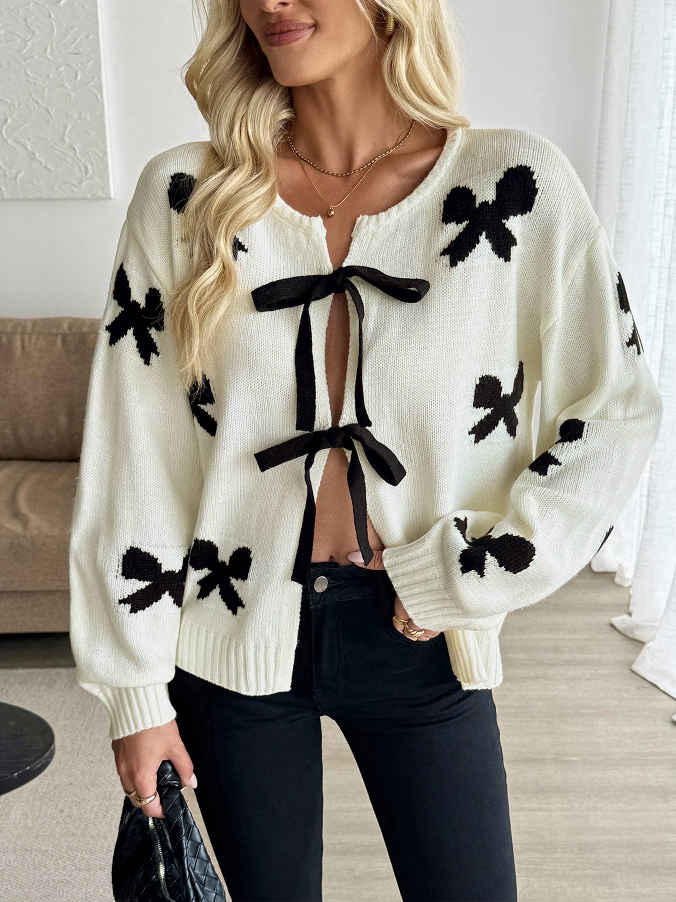 Design sense ribbon bow design cardigan