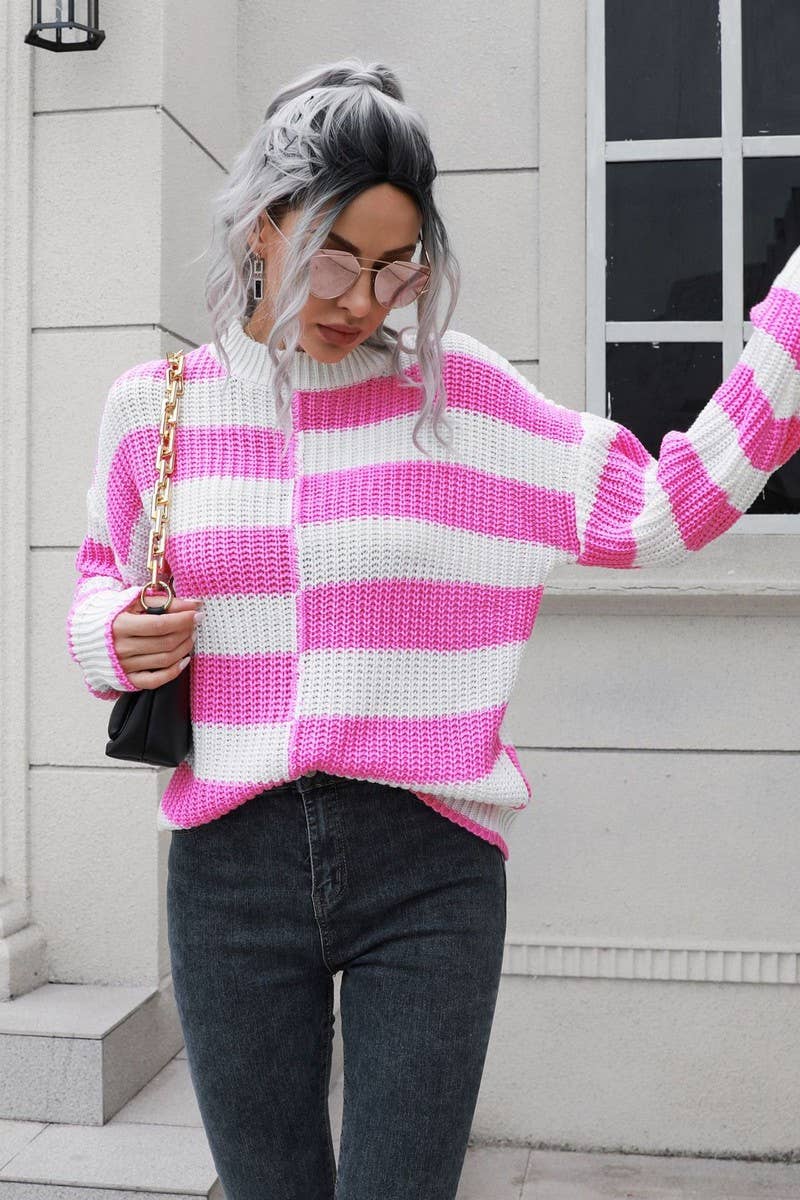 CWOSWL4084_STRIPED LONG-SLEEVED CREW NECK KNITTED SWEATER