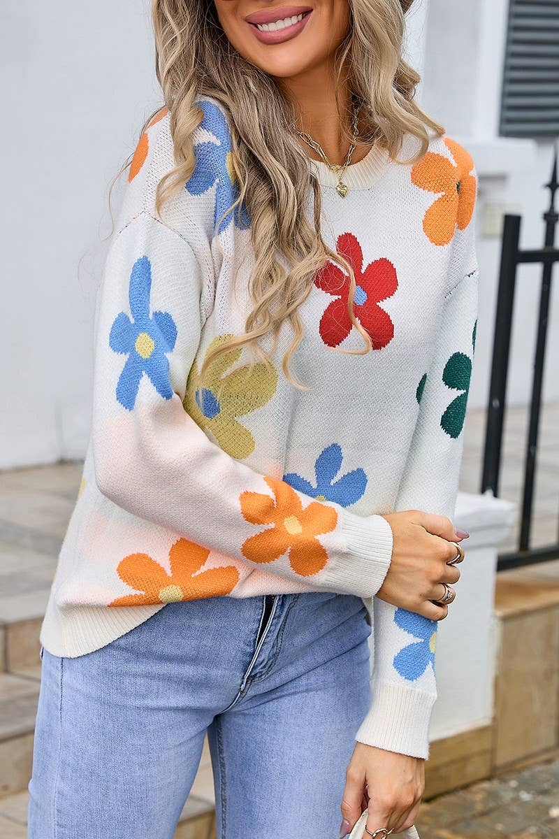CWOSWL3103_CREW NECK FLORAL PULLOVER SWEATER
