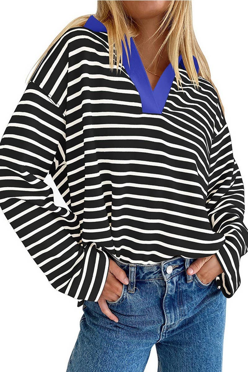 CWTBLL1811_LAPEL STRIPED V-NECK LOOSE SWEATSHIRT