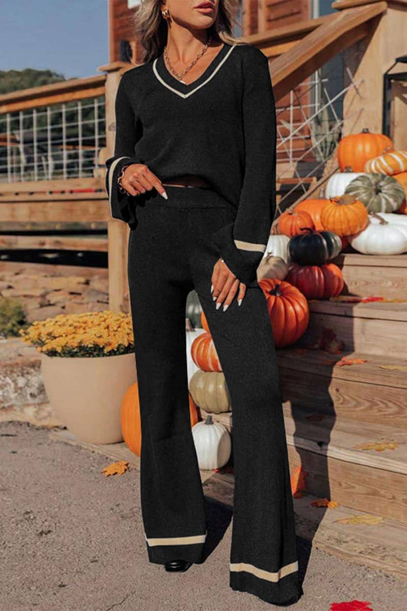 CWSTB1168_CONTRAST-COLOR KNITTED LONG-SLEEVED TROUSERS SET