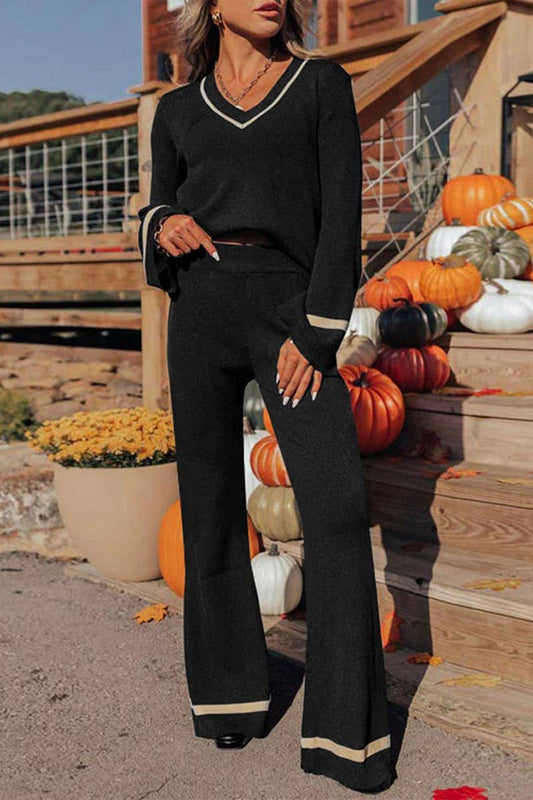 CWSTB1168_CONTRAST-COLOR KNITTED LONG-SLEEVED TROUSERS SET