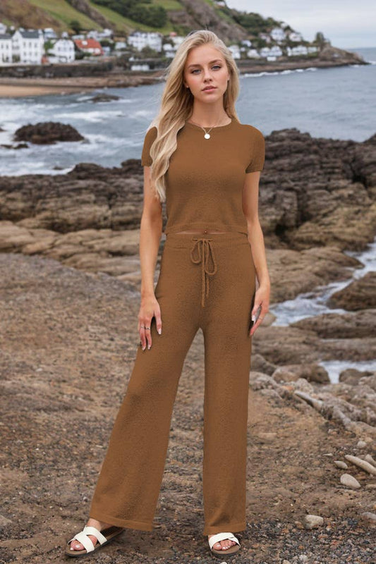 Casual solid color knit pants short sleeve suit