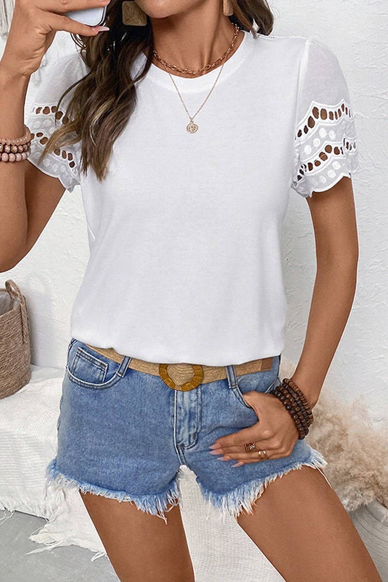 CWTBLS2289_CASUAL LACE TRIM SHORT SLEEVE TOP
