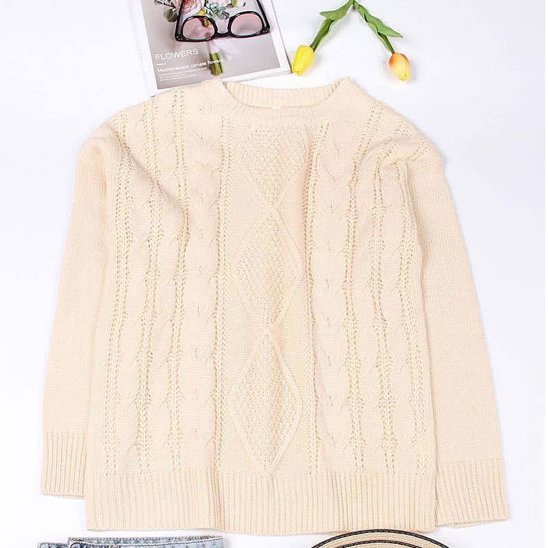 CREWNECK TWIST SOLID COLOR KNIT PULLOVER SWEATER