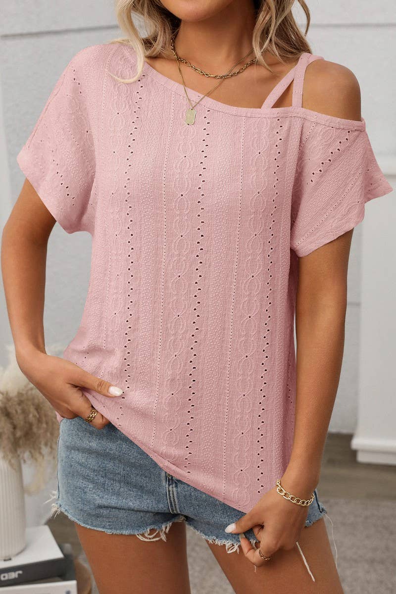 CWTBLS1717_SOLID COLOR ONE SHOULDER HOLLOW SHORT SLEEVE TOP