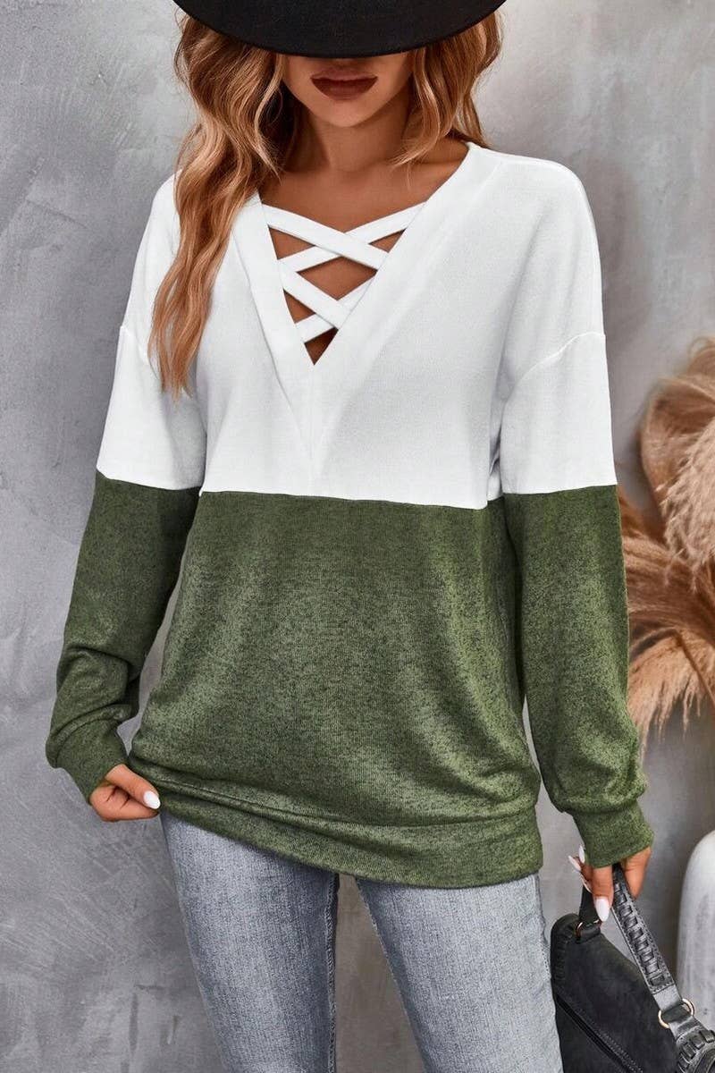 CWTBLL1424_V-NECK CROSS-CONTRAST DROPPED SHOULDER SLEEVE TOP