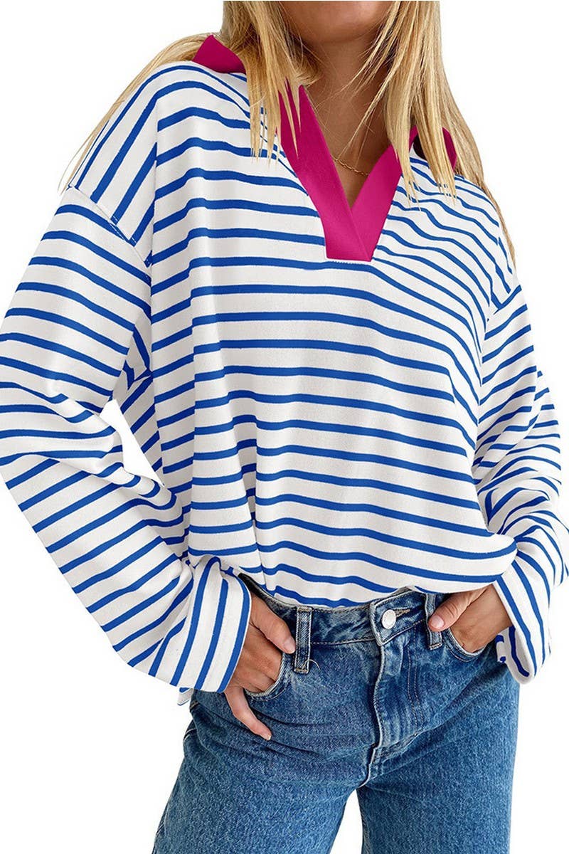 CWTBLL1811_LAPEL STRIPED V-NECK LOOSE SWEATSHIRT