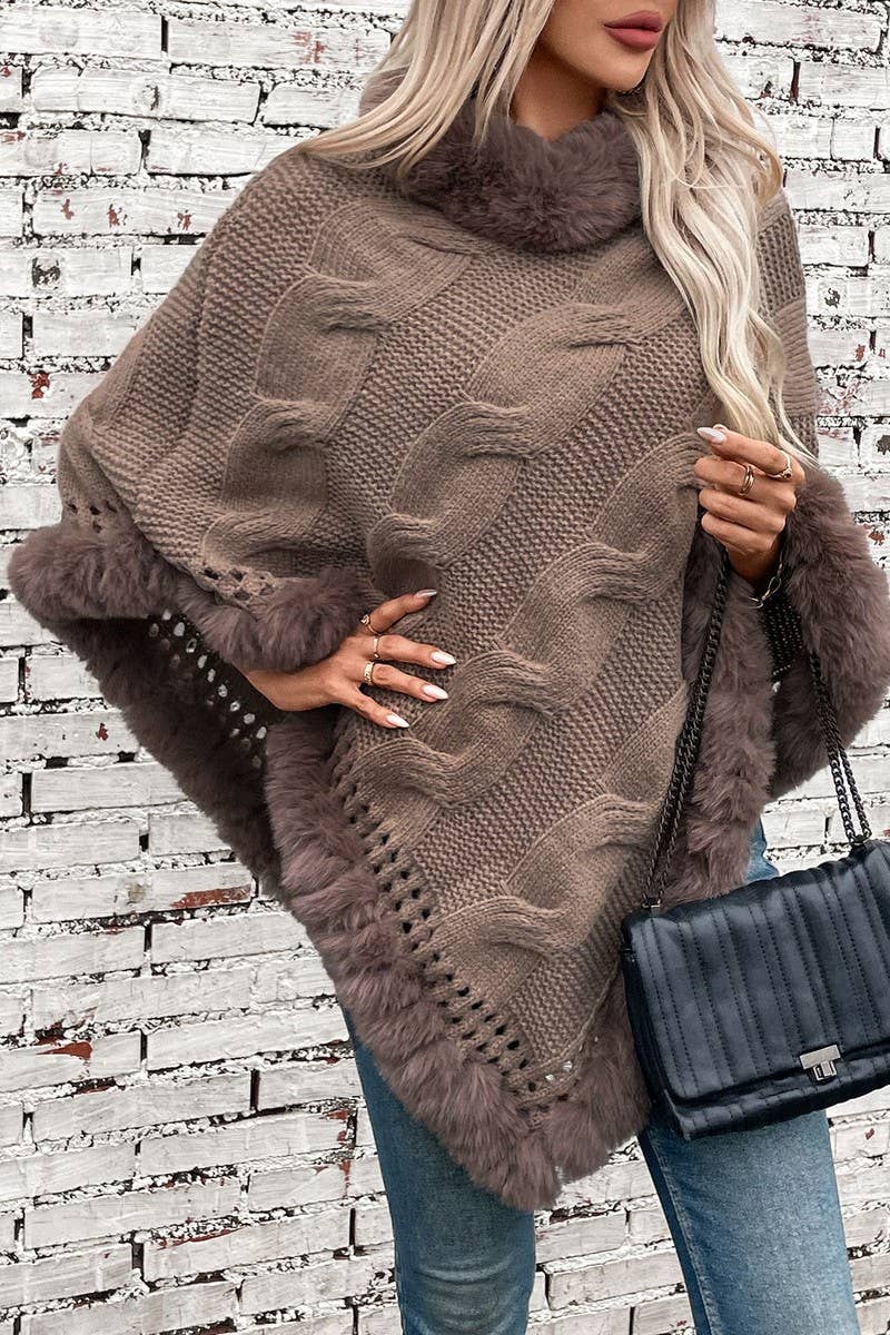 CWOSWL2803_FUR COLLAR THICK CABLE PULLOVER SWEATER CAPE