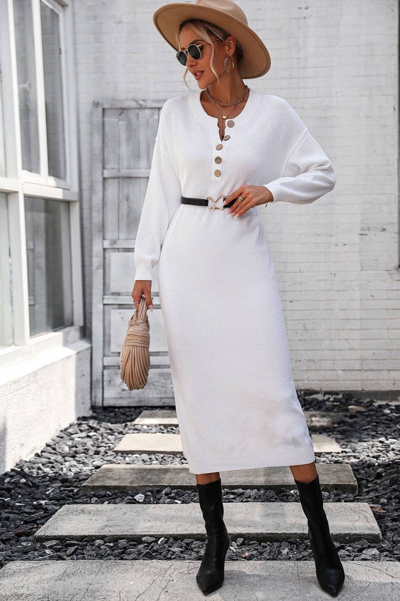 CWDMD538  Long Sleeve Loose V-Neck Button Tops Long Sweater