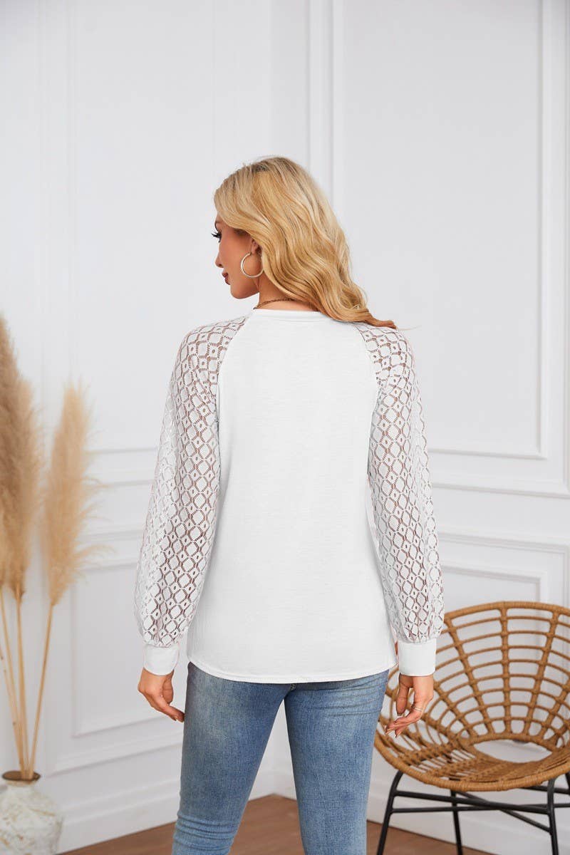 CWTBLL4096_LACE PANEL ROUND NECK PLEATED LONG SLEEVE TOP