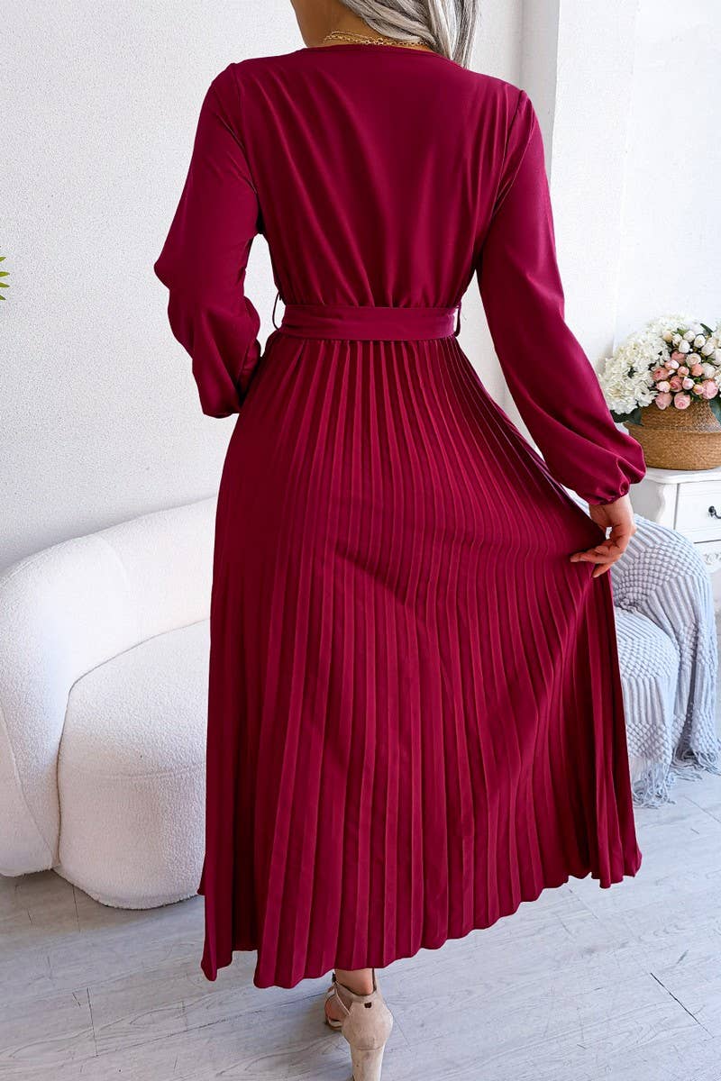 CROSSOVER V NECK PLEATED MAXI DRESS_CWDMD1174