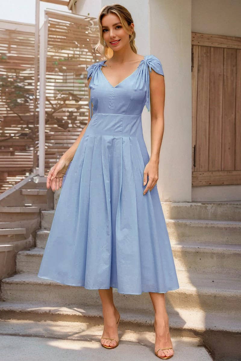 CWDMD6203_ELEGANT V-NECK TIE WAIST A-LINE DRESS