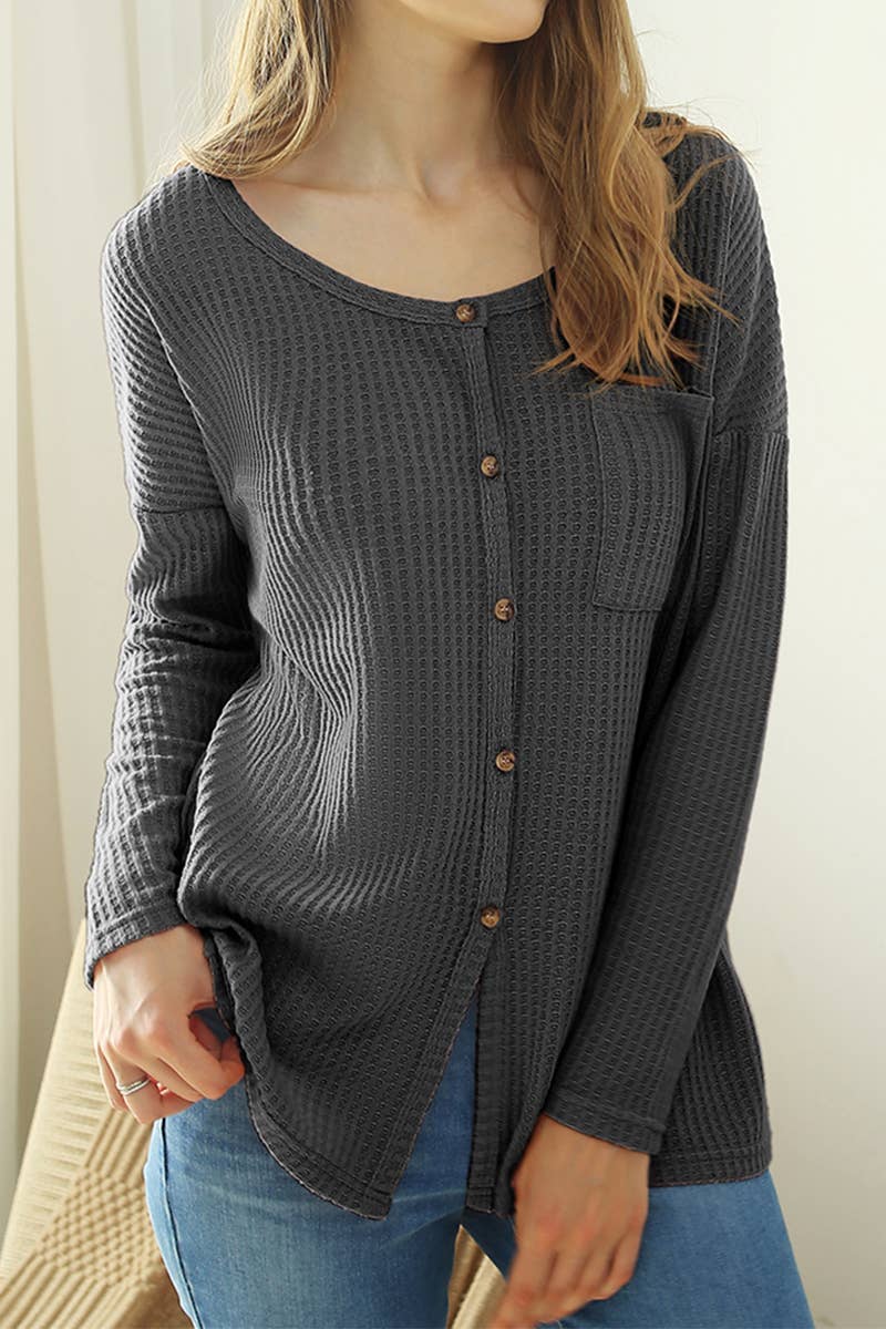 CWTSTL449_BUTTON BRUSHED R NECK DETAILED WAFFLE TOP